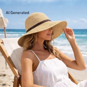 Floppy Wide Brim Straw Sun Hat Tan Packable Beach Resort Brown Trim